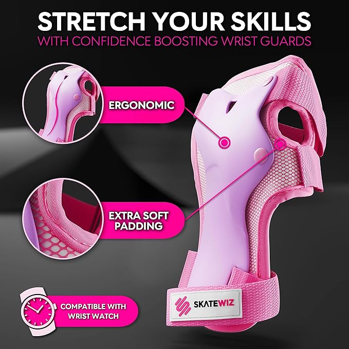 SKATEWIZ Skateboard Pads Protective Gear Set for Kids - Smash - Roller Skate Pads [6pc] - Elbow Pads Roller Derby and Knee Pads Kids Skating with Wrist Guards for Kids and Adults