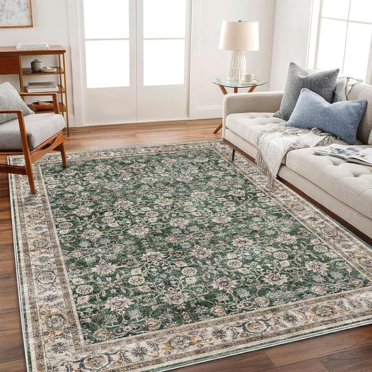 Area Rug 6'x9' Washable Vintage Traditional Floor Cover Thin Retro Kitchen Indoor Distressed Non Slip Carpet for Living Room Bedroom Dining Room