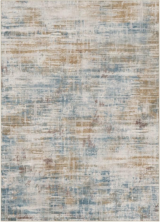 Area Rug for Living Room: 9x12 Washable Neutral Abstract Modern Soft Rugs Non Slip Indoor Floor Stain Resistant Large Carpet for Bedroom Dining Room Office Nursery - Blue Brown
