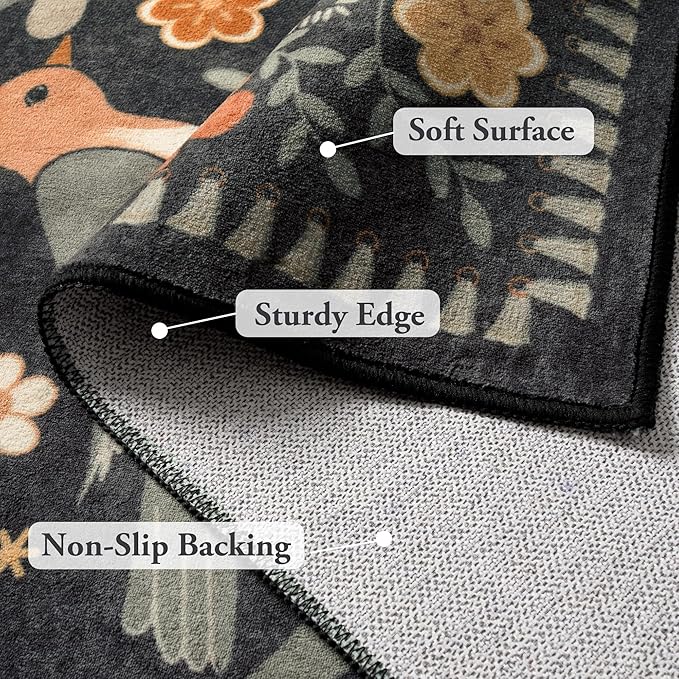 Moynesa Boho Bird 5x7 Area Rugs for Living Room, Black Floral Living Room Rug 5x7 Washable Low-Pile Bedroom Rug Non Slip, Vintage Soft Jungle Animal Floor Carpet for Nursery Playroom
