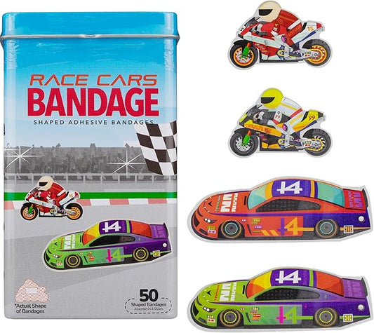 BioSwiss Bandages, Race Cars Shaped Self Adhesive Bandage, Latex Free Sterile Wound Care, Fun First Aid Kit Supplies for Kids and Adults, 50 Count