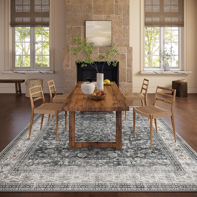 Machine Washable Rugs for Living room: 8x10 bedroom Rug Vintage Boho Area Rug Stain Resistant Non Slip Low Pile Lightweight Soft Carpets for Living room Dining Room Kitchen Nursery Kids Room Farmhouse