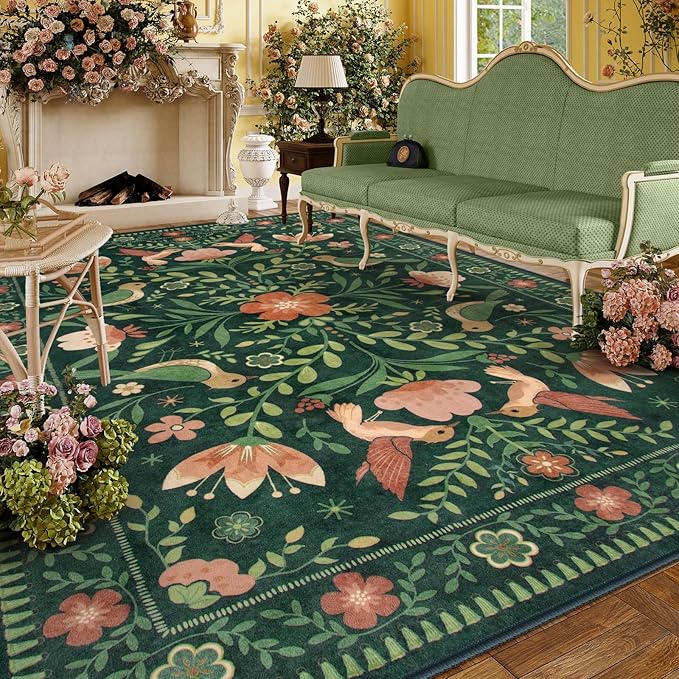 Moynesa Boho Bird 9x12 Area Rug Washable Living Room Rug, Low-Pile Green Floral Bedroom Rugs for Living Room Stain Resistance, Vintage Soft Large Rug for Kids Playroom Nursery