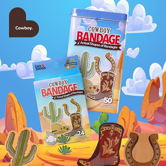 BioSwiss Bandages, Cowboy Shaped Self Adhesive Bandage, Latex Free Wound Care, Fun First Aid Kit Supplies for Kids and Adults, 24 Count