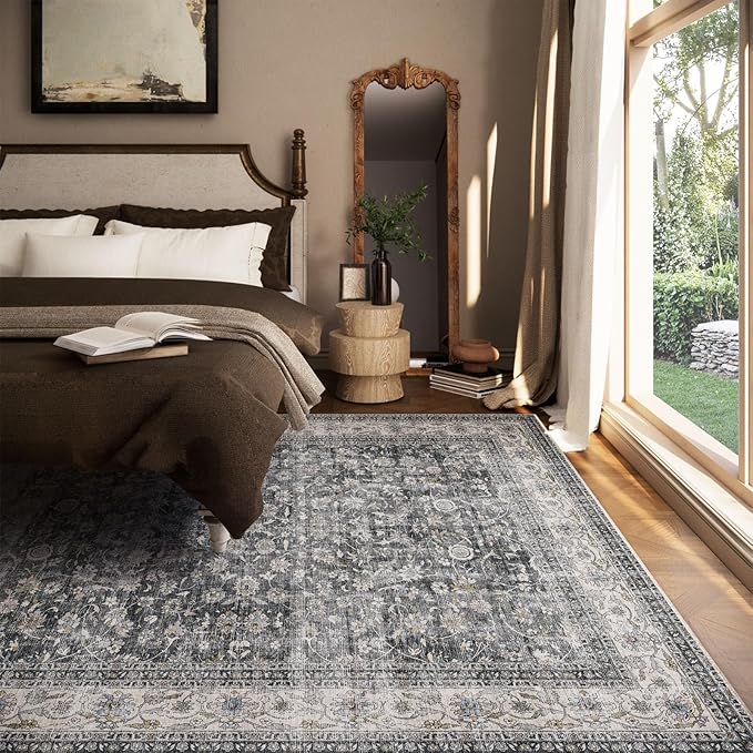 Machine Washable Rugs for Living room: 8x10 bedroom Rug Vintage Boho Area Rug Stain Resistant Non Slip Low Pile Lightweight Soft Carpets for Living room Dining Room Kitchen Nursery Kids Room Farmhouse
