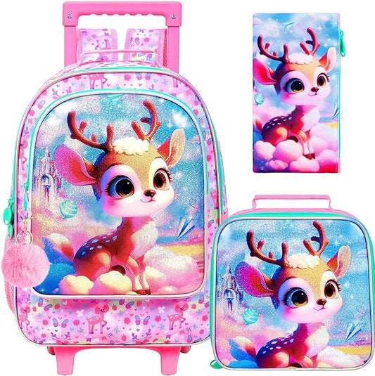 Girls Rolling Backpack, Cute Deer Roller Wheels Kids Bookbag - Wheeled Elementary School Bag - 3PCS Deer