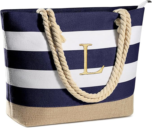 YOOLIFE Initial Canvas Waterproof Beach Tote Bag Zipper Personalized Gifts for Women Her Birthday Travel Beach Essential