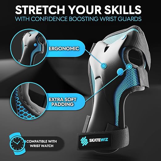 SKATEWIZ Knee Pads for Kids - Knee and Elbow Pads Set - PROTECT-1 - Size S Blue - Wrist Guards for Skating, Skateboard, BMX and Scooter 8-12