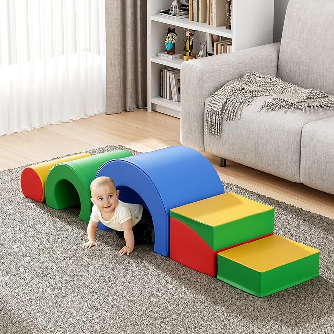 Lischwert Foam Climbing Blocks, Soft Climbing Toys for Toddlers, 5 Pieces Crawl and Climb Foam Playset with Foldable Block and Tunnel, Indoor Climber Activity Play Set for Kids Age 1+(Colorful)