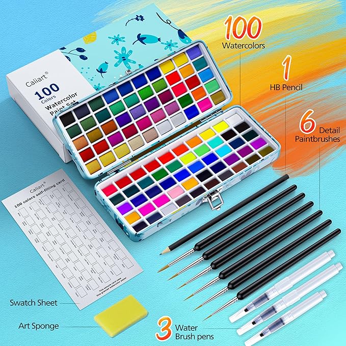 100 Colors Watercolor Paint Set with 4 Brushes, Portable Travel Water Color Kit with Carrying Case, Palette and Accessories, Non-Toxic Art Supplies Gift for Artists Adult Teen Kids Girls