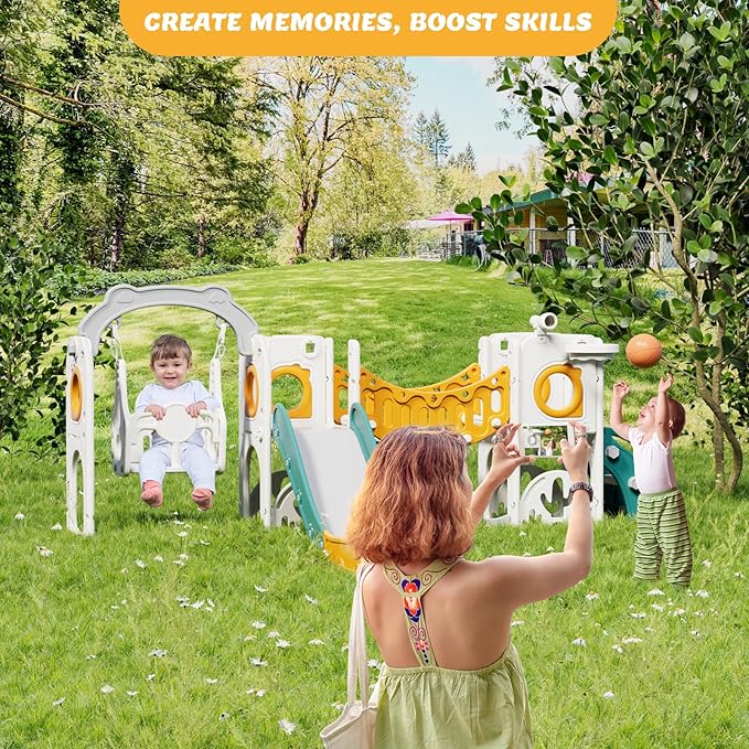 KORIMEFA 11 in 1 Toddler Slide and Swing Set, Kids Slide for Toddlers, Outdoor Indoor Playground for Toddlers 1-3, Toddler PlaySet with Basketball Hoop and Ball Golf Set, Climbing Arch(Yellow & Green)