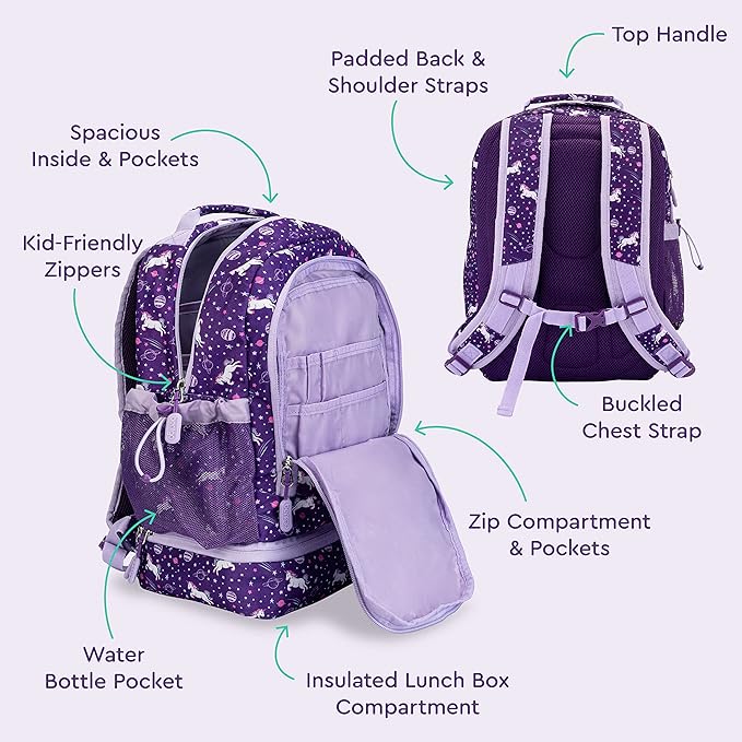 Bentgo Kids 2-in-1 Backpack & Insulated Lunch Bag - Durable 16” Backpack & Lunch Container in Unique Prints for School & Travel - Water Resistant, Padded & Large Compartments (Unicorn)