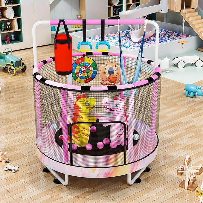 LAMERGE 55" 7-in-1 Round Trampoline for Kids Boys & Girls Ages 1-8, Indoor & Outdoor Trampoline for Fun, Adjustable Height Handrail ＆ Enclosed Safety Net ＆ Durable Designs for Toddlers Children