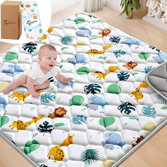 Baby Play Mats for Floor, 50x50 Playpen Mat for Babies, Extra Thicker & Soft Floor Crawling Mat, Foldable Non-Slip Playmat Cushioned for Infants Toddlers, Cute Animal Design
