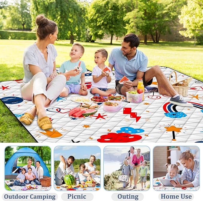 Poedist Extra Large Picnic Blanket Waterproof,80"x 80"Foldable Machine Washable Beach Blanket,Outdoor Blanket for 6-8 Adults,Suitable for Indoor Crawling,Park Beach,Camping,Hiking,Family Travel(Cute)