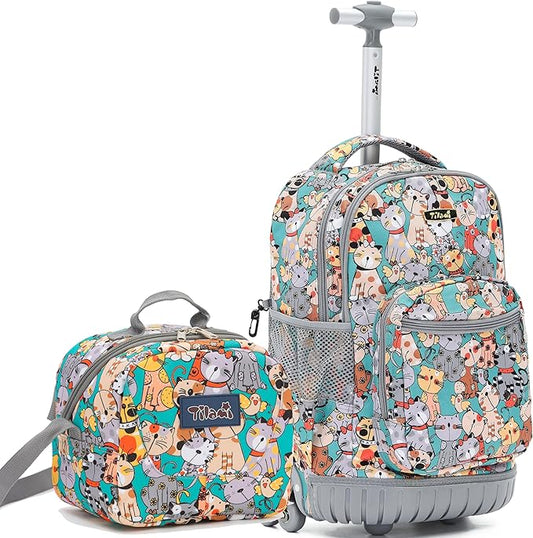 NEW TILAMI Kids 18 inch Rolling Backpack - Durable Waterproof Large Capacity Adjustable Handle Stair Climbing Design for Boys & Girls, Cats Cute