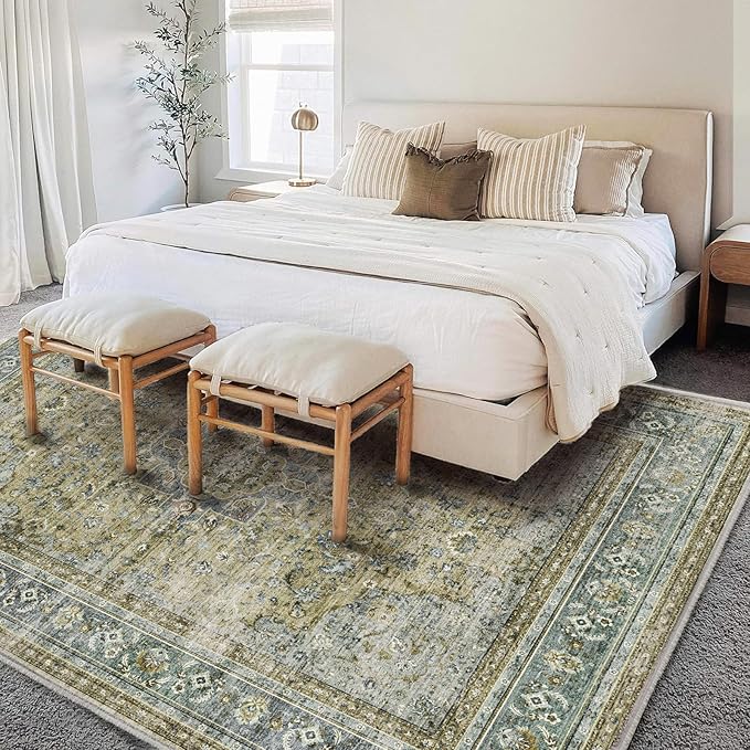 Washable Area Rug 10'x14' Boho Design Non-Shedding Easy Care Ideal for High Traffic Areas in Living Room Bedroom Office Coffee Table Kitchen Large Carpet