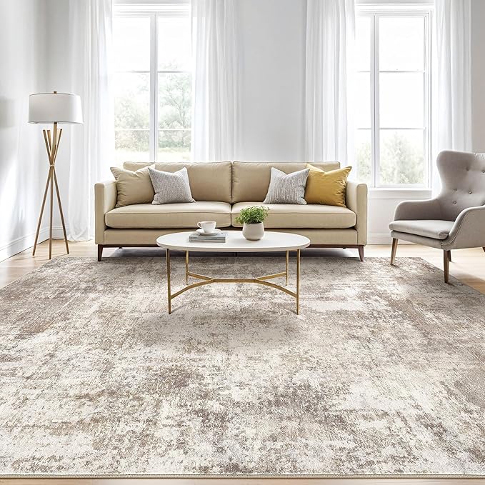8x10 Area Rugs Living Room: Washable Large Abstract Soft Rug Stain Resistant Indoor Floor Non-Slip Accent Carpet for Women Modern Home Enthusiasts Aged 25-45 - Bedroom Nursery Playroom- Beige Brown