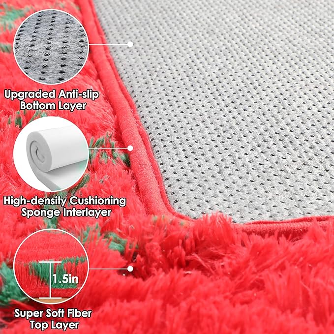 ONASAR Area Rugs for Living Room Bedroom, 5x8 Washable Fluffy Red and Dark Green Rug, Geometric Boho Soft Plush Shaggy Fuzzy Floor Carpet for Nursery Kids Girls Boys Teen Dorm Home Decor Aesthetic