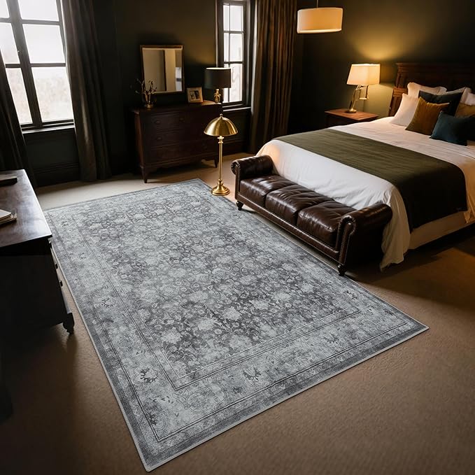 5x7 Washable Area Rug for Living Room, Non Slip Vintage Floral Rugs for Bedroom, Retro Indoor Floor Carpet for Kitchen, Dining Room, Farmhouse, Classroom (Distressed Grey)