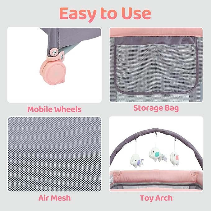 Pamo Babe Portable Playard with Mat Pad and Toy Bar Pink Play Yard for Baby