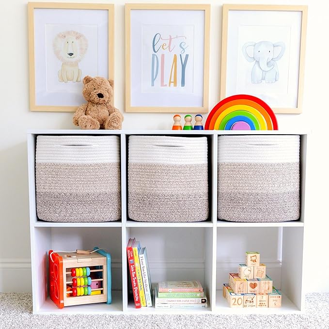 NaturalCozy 13 Inch Cube Storage Bins Cotton Rope Woven Baskets for Organizing 3-Pack | 13 x 13 Storage Cubes | Fabric Square Storage Baskets for Shelves Organizer, Kids Toy Bins, Closet Baby Nursery