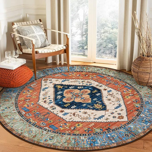 Lahome Boho Washable 5Ft Round Area Rug, Non-Slip Throw Untra-Thin Round Carpet, Oriental Vintage Distressed Circle Rug for Dining Living Room Bedroom Kitchen Office, 5x5/Rust