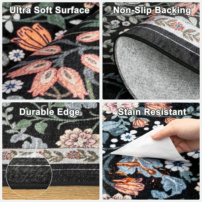Runner Rug for Entryway: 2.6x8 Kitchen Rugs Non Slip Washable Ultra-Thin Soft Floral Carpet Indoor Stain Resistant Carpets for Hallway Bedroom Kitchen Laundry Bathroom Dorm Dark Black