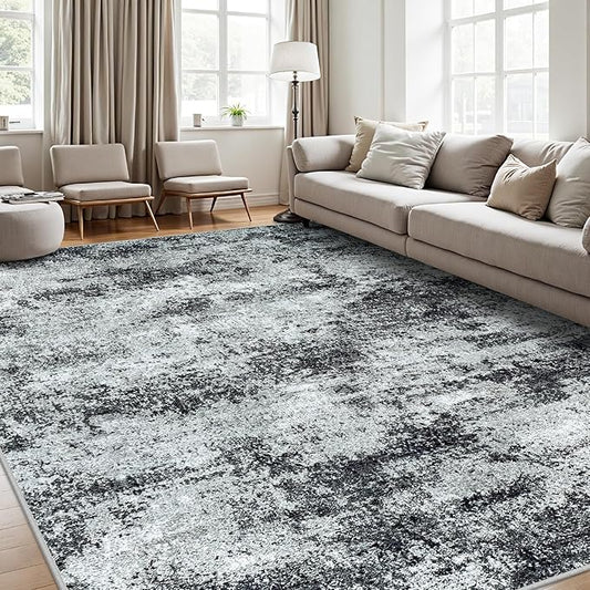 Area Rug 9x12 Washable Rugs: Abstract Large Living Room Rugs with Non-Slip Backing, Stain Resistant Indoor Floor Carpet for Bedroom Dining Room Table Nursery Hallway Home Office Dark Black/Gray