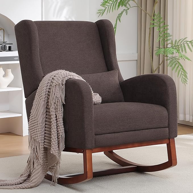 Rocking Chair Nursery with Foot Rest, Wingback Nursery Rocking Chairs, Nursing Glider Rocker Chair with Pillow and High Back for Nursery, Living Room, Bedroom, Coffee