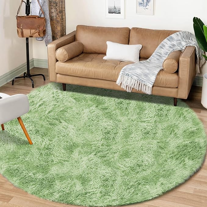 4FT Round Rug for Bedroom: Fluffy Shag Soft Washable Rugs Circle Small Fuzzy Plush Indoor Carpet for Living Room Nursery Playroom Dorm Kids Girls Boys Room (Sage Green, 4'x4')