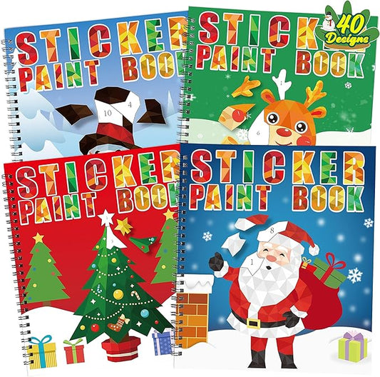 90shine 4PCS Christmas Crafts for Kids Ages 4-8 Sticker Paint Books - Includes Santa Clause Snowman Elf Gnome and More Designs Gift Party Create 40 Pictures