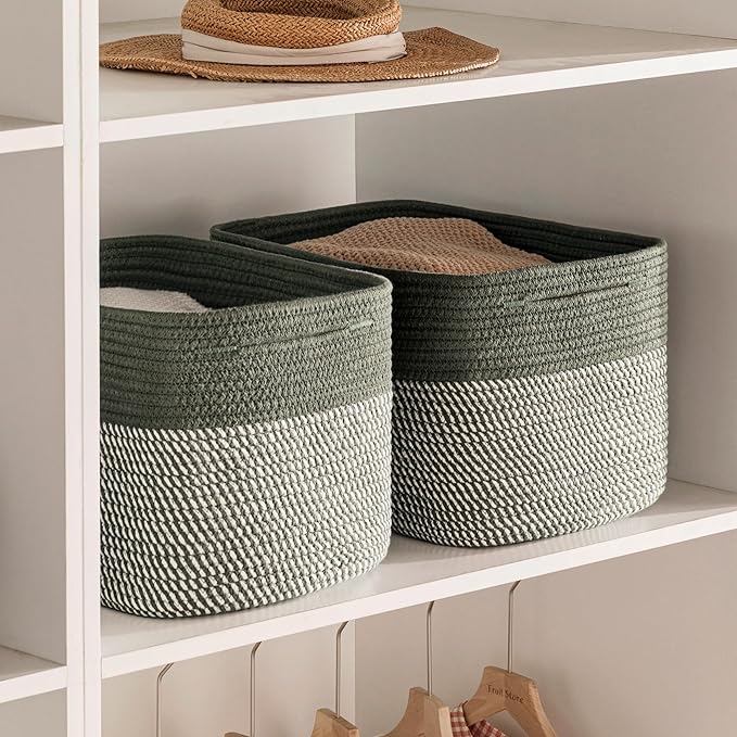 UBBCARE 4 Pack Baskets for Organizing, Woven Storage Baskets for Toys and Towel, Rectangle Cotton Rope Basket with Handles, 15''L x10''W x9''H, Mixed Green