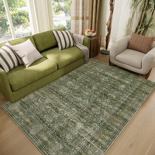 Washable 4x6 Rugs for Living Room, Boho Non-Slip Silicone Backing Small Rugs for Bedroom Nursery Office, 0.3" Neutral Oriental Throw Carpet with 0.16" Cushioning Pad, Grass Green/Multi