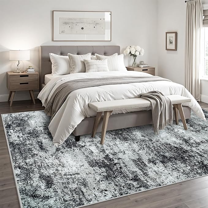 Area Rugs 8x10 Living Room Rugs: Modern Abstract Washable Rug with Non-Slip Backing, Stain Resistant Indoor Floor Large Carpet for Bedroom Dining Room Table Nursery Hallway Home Office Dark Black/Gray