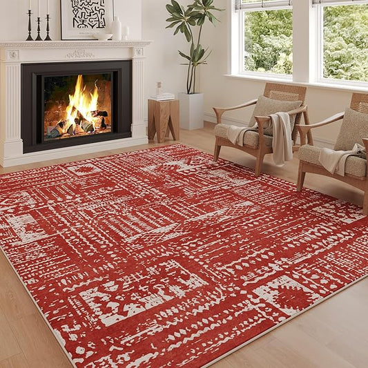 Living Room Rug 6x9 Rug Machine Washable Boho Area Rug Non Slip Moroccan Vintage Low Pile Large Rug for Living Room, Bedroom, Farmhouse, Dining Room, Kids Playroom(Terracotta)
