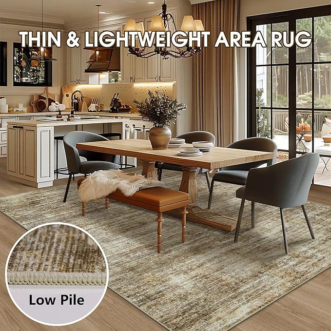 Area Rug 9x12 Washable Rugs: Abstract Large Living Room Rugs with Non-Slip Backing, Thin Carpet for Dining Room Table Bedroom Nursery Indoor Home Office-Brown