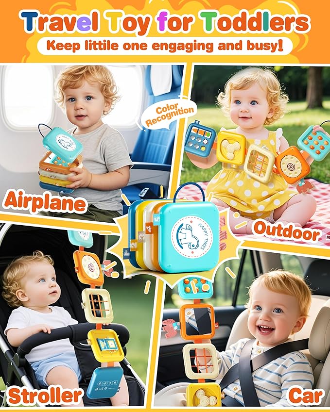 Busy Board for 1 Year Old, Travel Toys for Toddlers 1-3, 8 in 1 Montessori Activity Cube Toy for Babies in Airplane Car Stroller, Sensory Education Birthday Gifts for 1 2 Year Old Boy Girl Infant