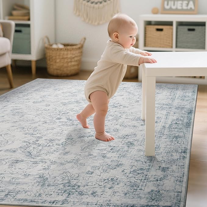 Light Blue 6x9 Area Rug Machine Washable for Living Room, Distressed Non Slip Rugs for Bedroom, Traditional Indoor Retro Floral Accent Vintage Carpet for Office Dining Room, Dorm