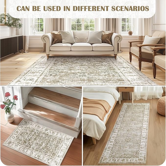 jinchan Floral 2x3 Rugs for Entryway - Vintage Washable Small Non-Slip Distressed Indoor Doormat Ultra-Thin Low-Pile Accent Rug for Entrance Kitchen Bedroom Bathroom (2x3ft,Taupe)