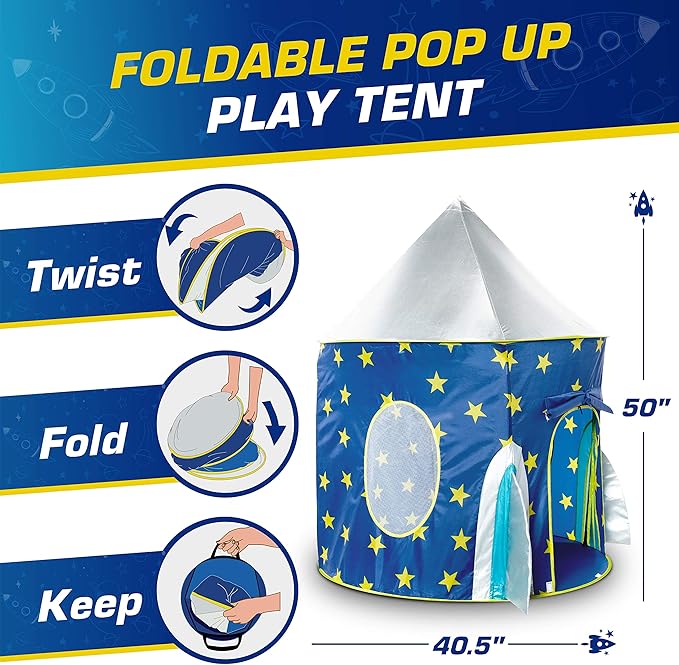 USA Toyz Rocket Ship Pop Up Kids Tent - Spaceship Rocket Indoor Playhouse Tents for Boys and Girls with Included Space Projector Toy and Storage Carry Bag