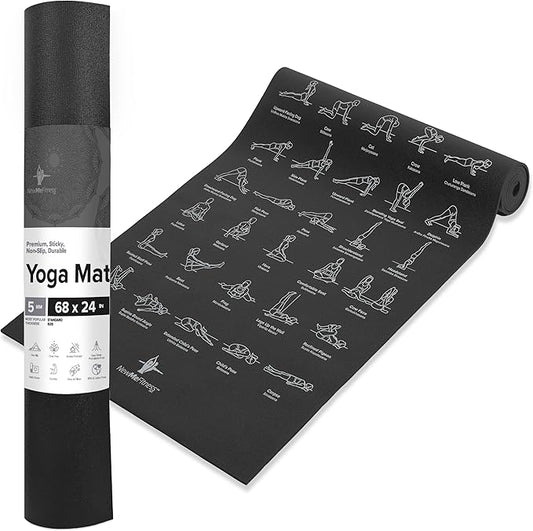 NewMe Fitness Yoga Mat for Women and Men - Large, 5mm Thick, 68 Inch Long, Non Slip Exercise Mats w/ 70 Printed Yoga Poses for Pilates, Workout and Stretching - Home and Gym Essentials
