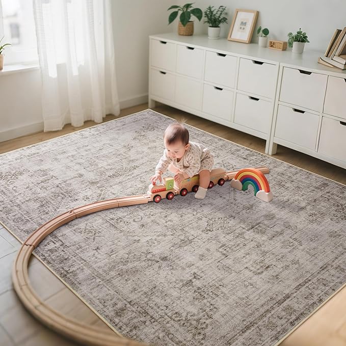 6x9 Washable Area Rug for Living Room, Non-Slip Distressed Rugs for Bedroom Dinning Room, Ultra-Thin Indoor Non-Shedding Vintage Print Carpet for Farmhouse, Home Office, Dorm Light Taupe/Cream