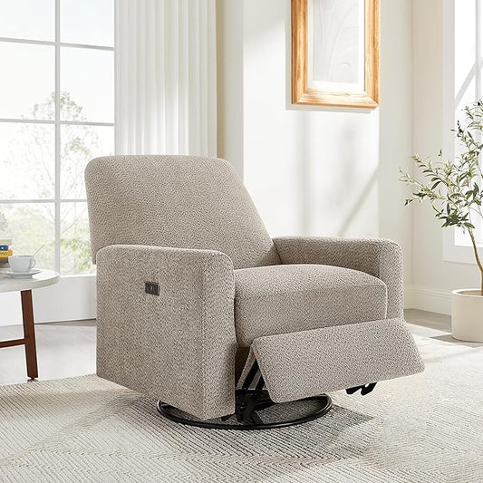 Power Swivel Glider Recliner Chair, Electric Nursery Rocker Recliner Chair, USB & Type-C Charger, Warm Camel Boucle