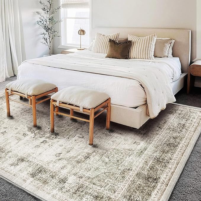 Washable Area Rug 9'x12' Retro Floral Khaki Boho Design Non-Shedding Easy Care Ideal for High Traffic Areas in Living Room Bedroom Office Coffee Table Kitchen Large Carpet