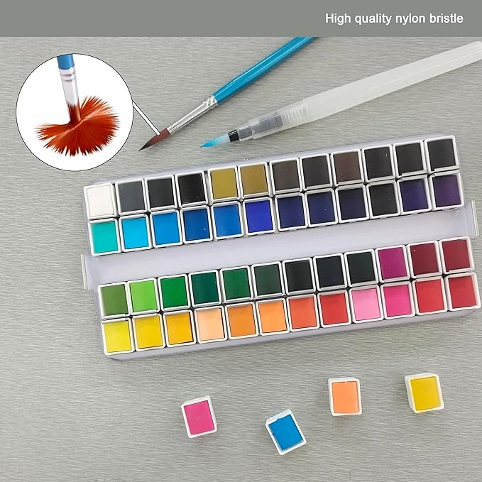 Watercolor Paint Set, 48 Premium Colors,Artist Grade, Includes 2 Artist Brushes,20 sheet Water color Paper Pad,2 Water Pen, Perfect Travel Watercolor Set for Artists and Painting Lovers