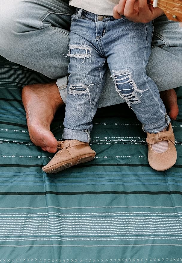 Little Unicorn 5'x10' XL Outdoor Family Picnic & Beach Blanket | Durable & Water-Resistant Fabric | Compact Fold & Easily Wipes Clean | Zipper Pocket (Shoreline Stripe)