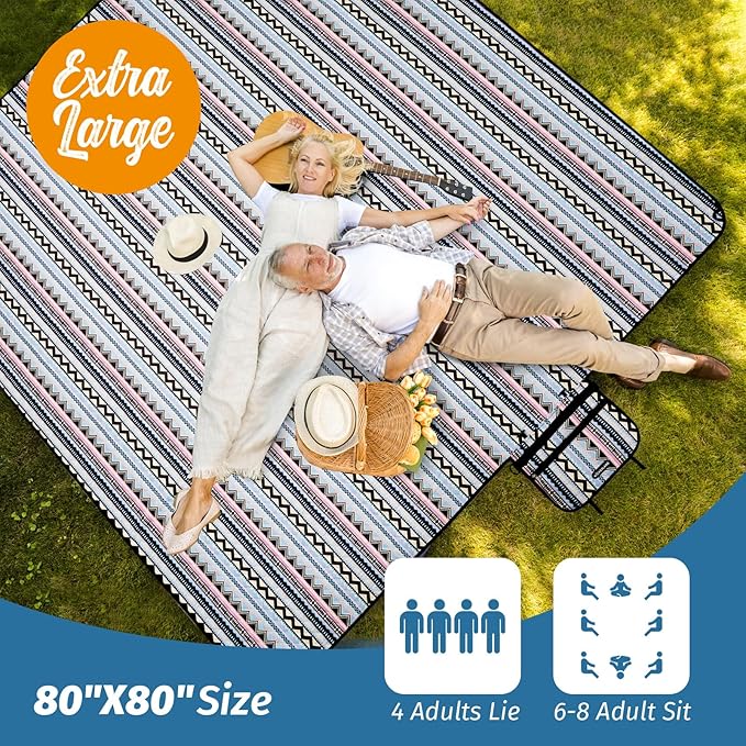 Picnic Blankets Extra Large Outdoor - Beach Blanket Waterproof Sandproof with Shoulder Strap, Machine Washable, Picnic Mat with Stakes for Grass Concert, Park.BohoGeometry