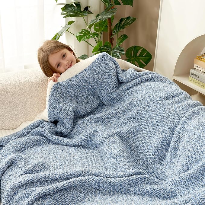 Snuggle Sac Blue Throw Blankets for Couch, Reversible Super Soft Warm Blankets Cozy Knit Blanket Fuzzy Plush Throws for Sofa, Bed, Gift, Heather Blue, 50 x 60 inches