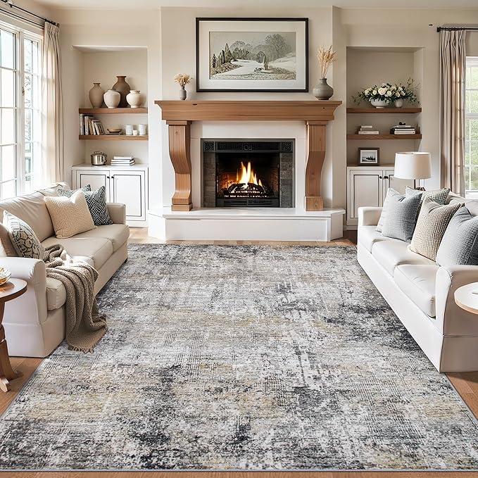 Area Rugs Living Room Rug - 5x7 Washable Modern Abstract Soft Neutral Non-Slip Carpet Large Indoor Floor Thin Carpets for Bedroom Dining Room Farmhouse Nursery Home Office Brown Black Grey
